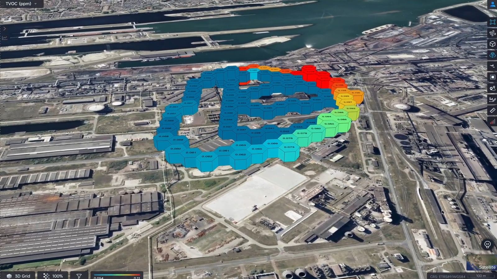 3D grid of airborne chemical readings plotted over a large industrial waterfront site, colored from low to high.