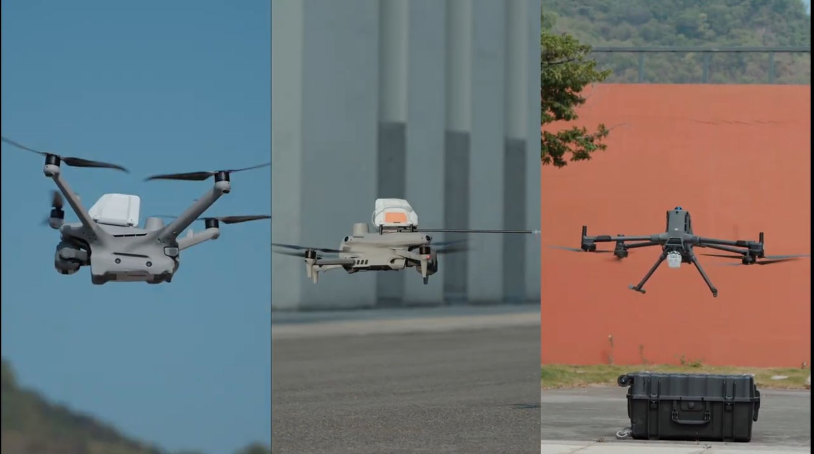Three drones in flight, each carrying a sensor payload.